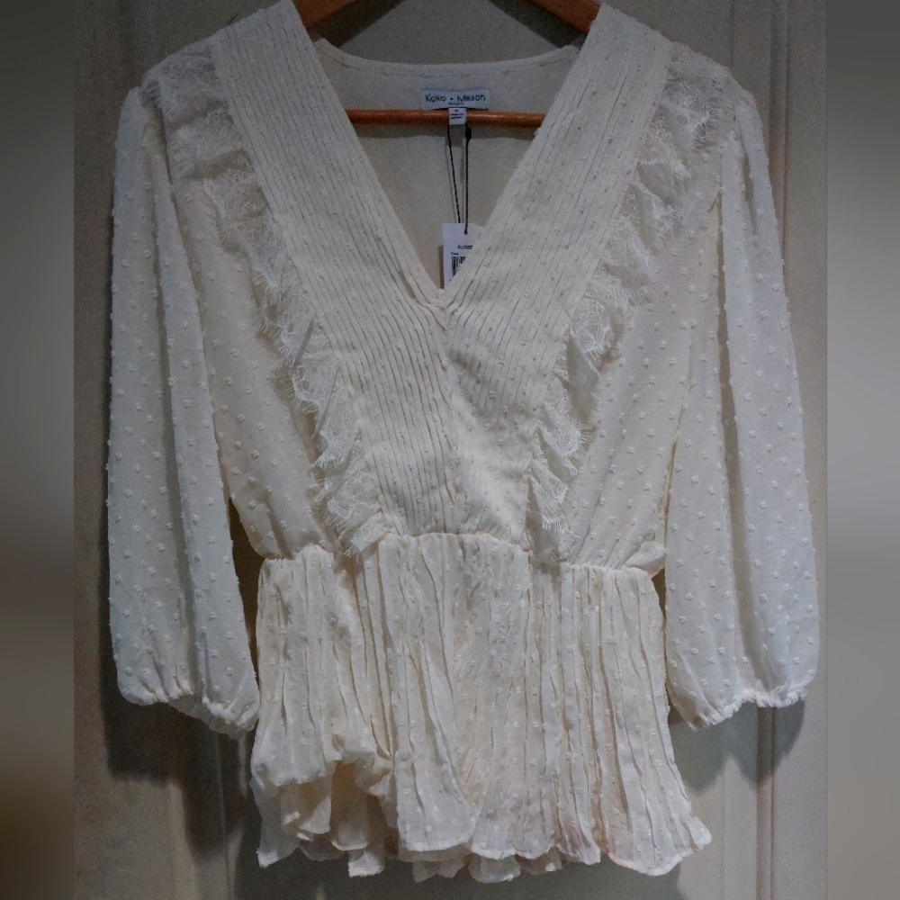 Koko+Mason Womens Ivory V-Neck Blouse Size - Small